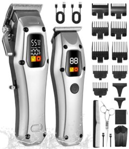 SOBEAU Hårklippningsmaskin professionell skäggtrimmer hårklippare män, T-blad trimmer kit, hårtrimmer skäggtrimmer skägg trimmer vattentät (silver)